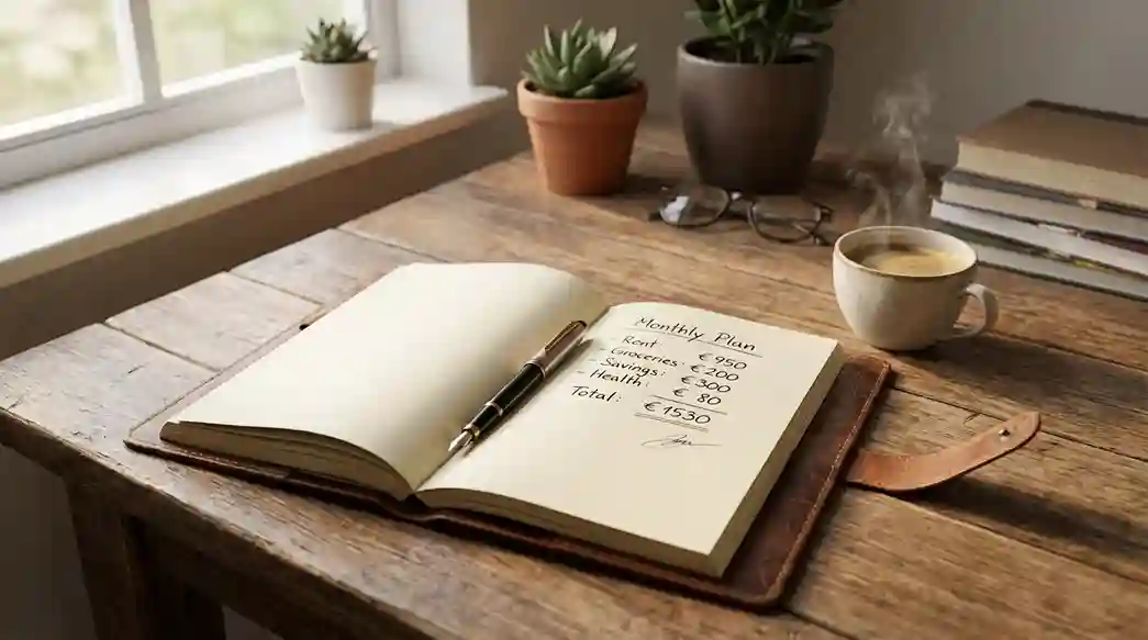 Notitieboekje met een pen en een eenvoudige budgetplanning op een houten bureau