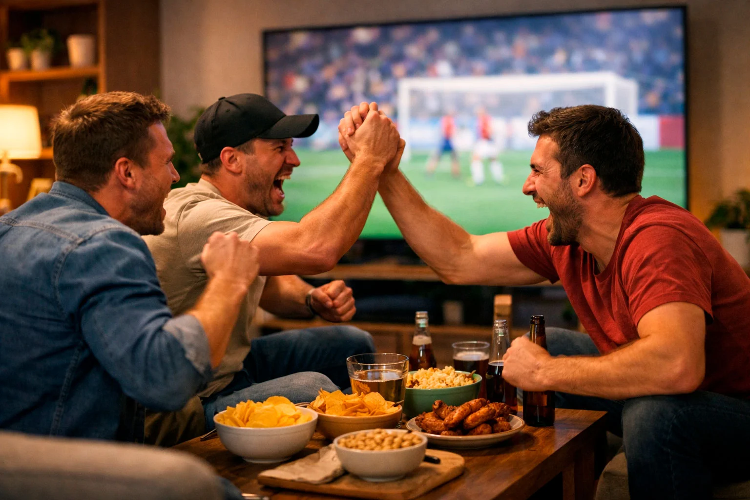 Groep vrienden kijkt voetbalwedstrijd samen op groot scherm