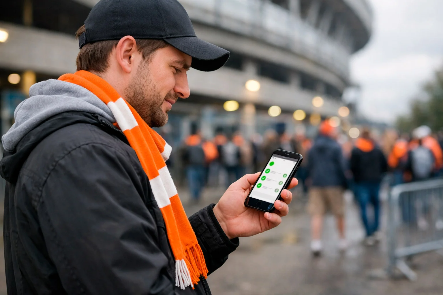 Sportfan gebruikt smartphone voor weddenschappen bij voetbalwedstrijd