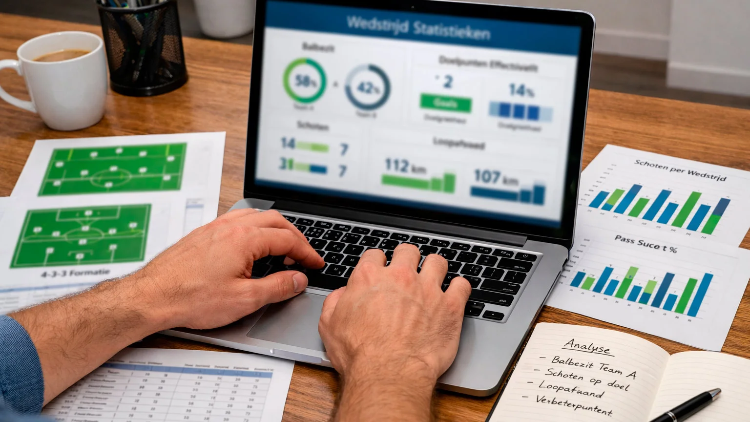 Analist werkt met voetbalstatistieken en data op bureau