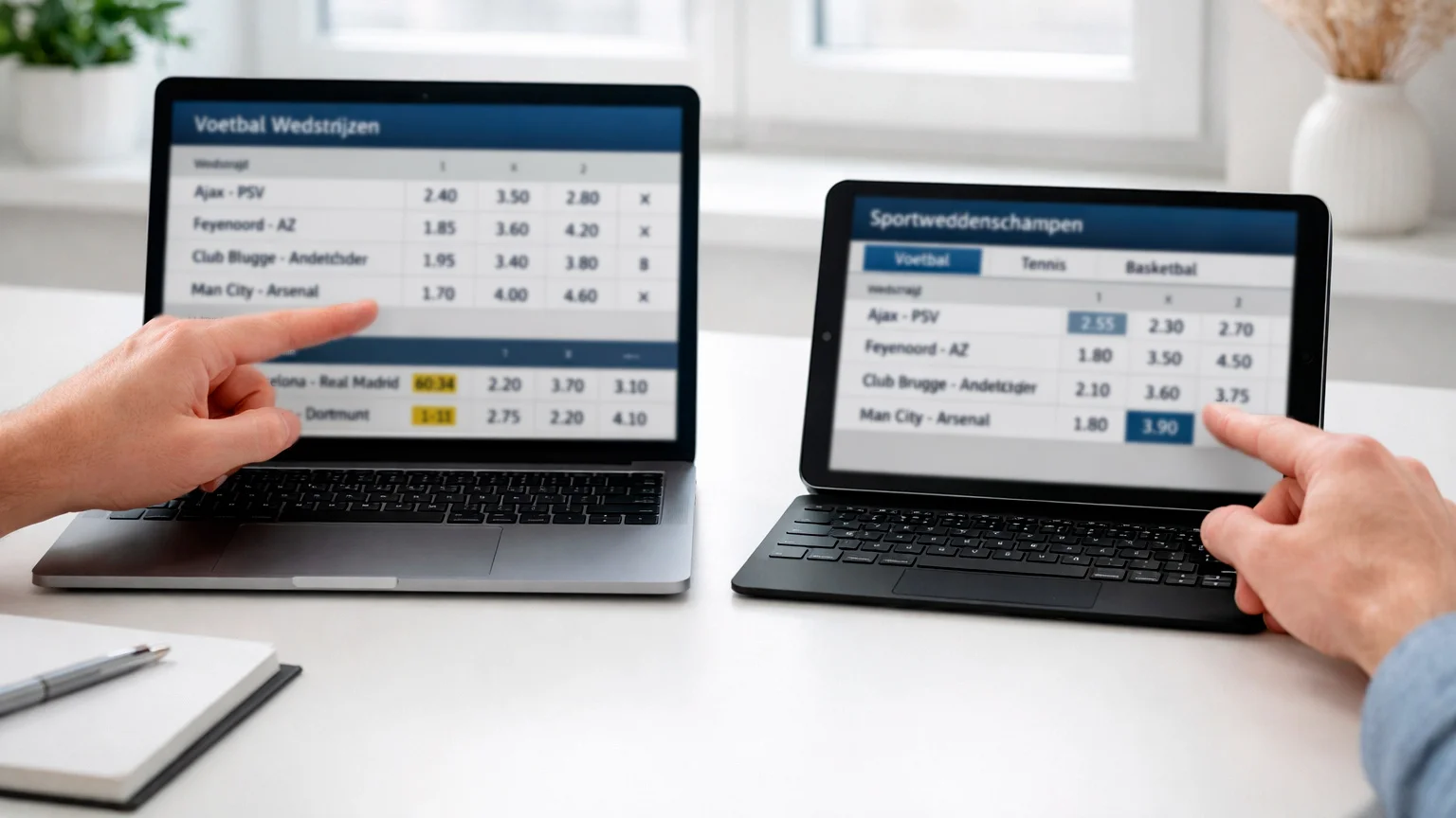 Persoon vergelijkt odds van meerdere bookmakers op laptop