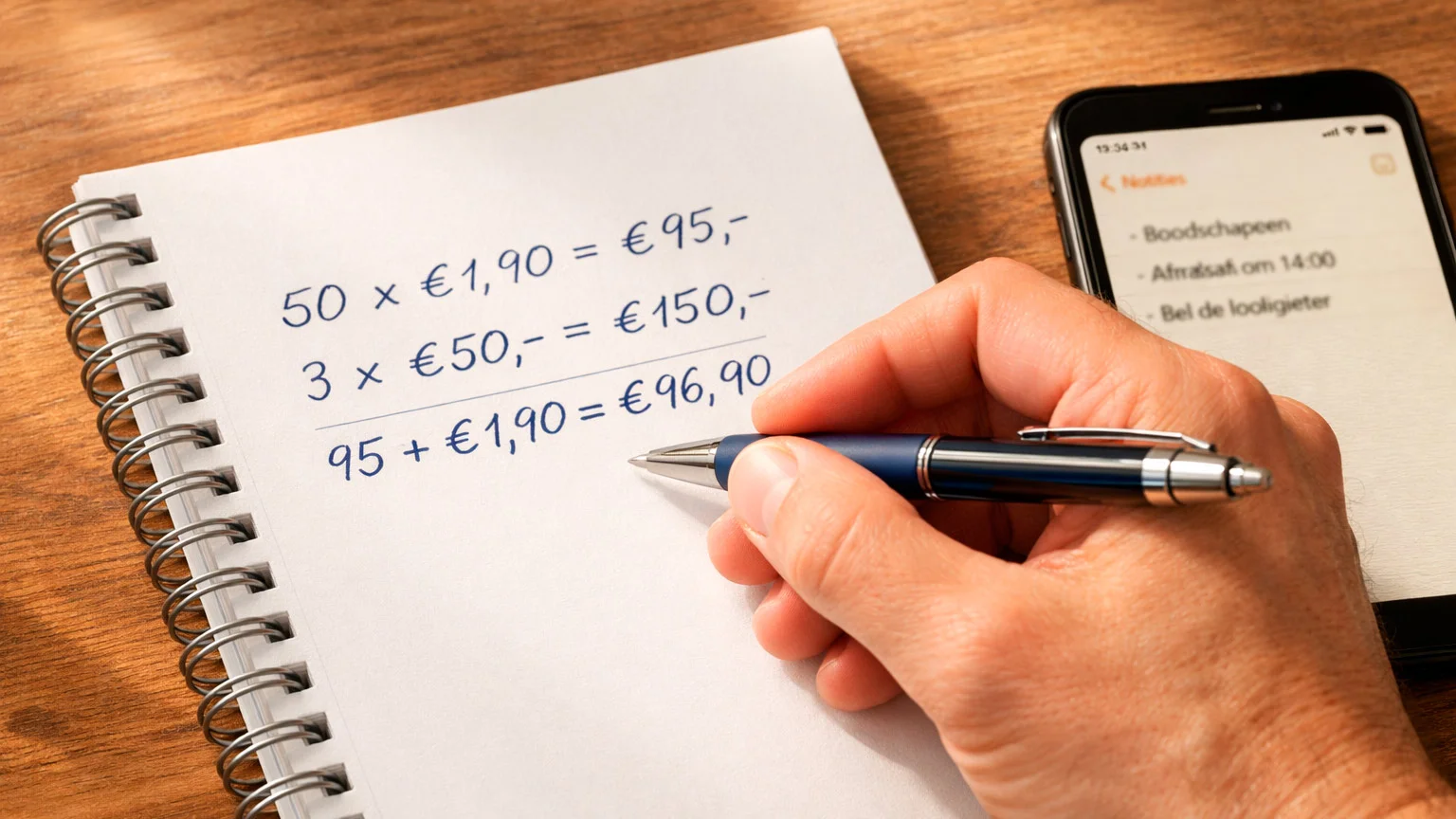 Hand met pen maakt berekeningen en notities op papier