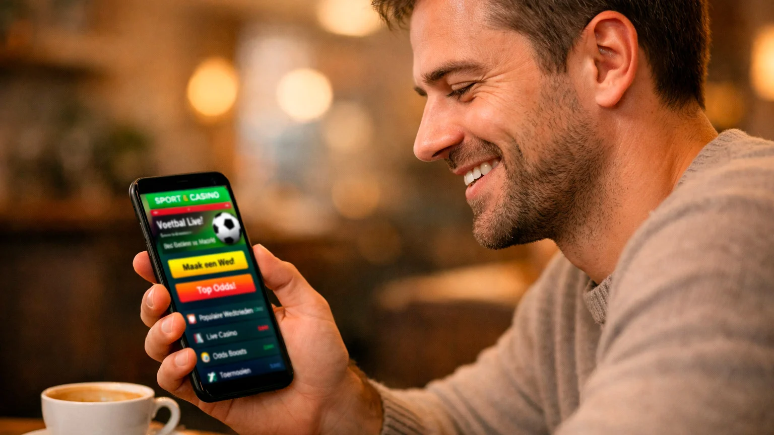 Tevreden persoon plaatst weddenschap op smartphone