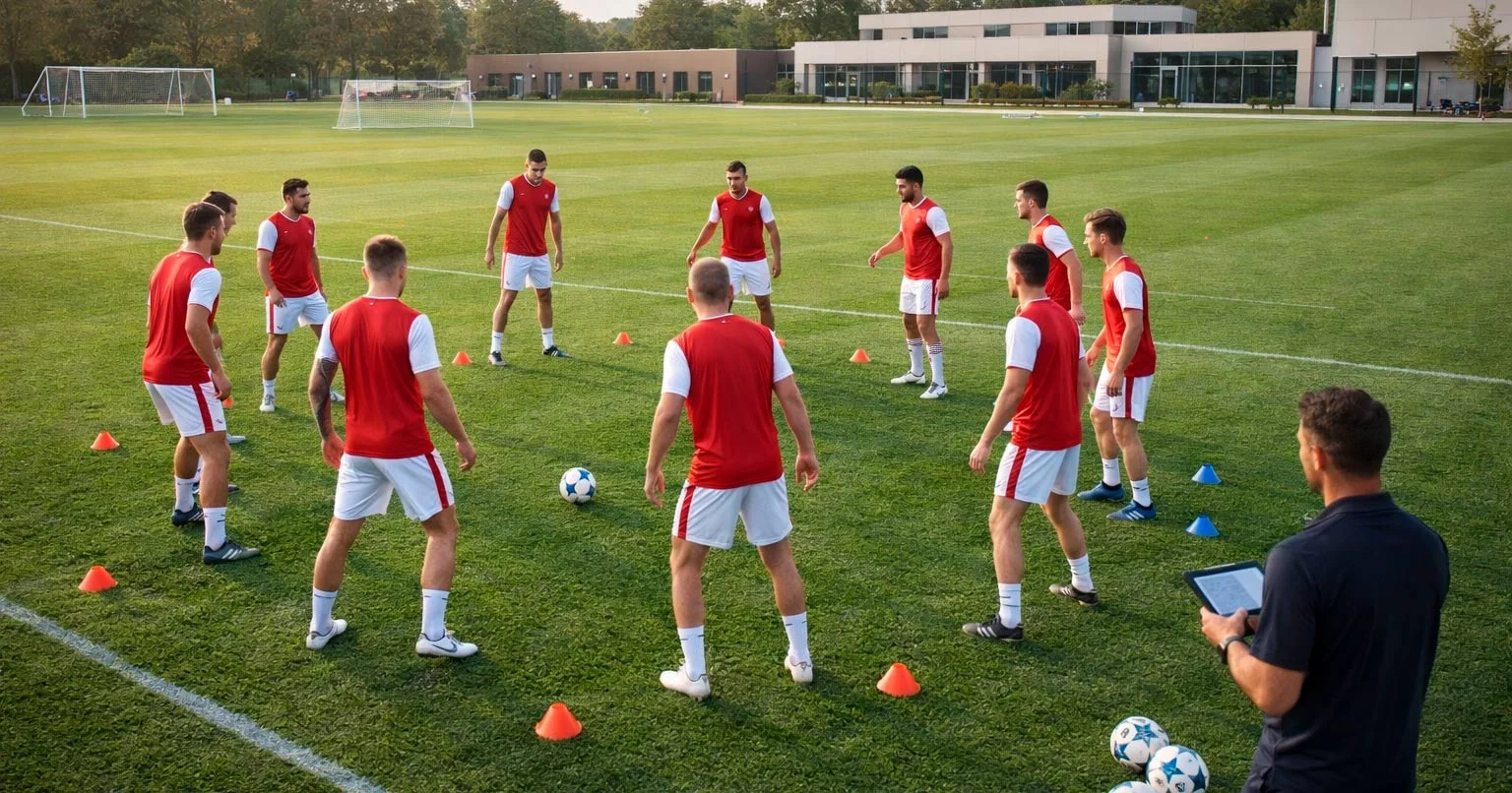 Voetballers in rood-wit tenue trainen op een groen veld