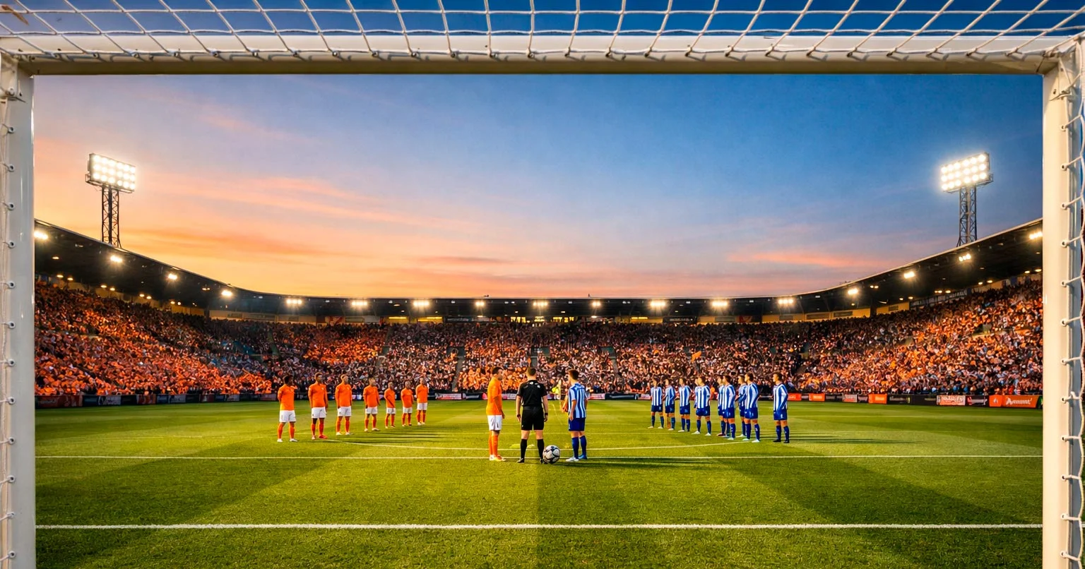 Nederlands voetbalstadion met uitzicht op het veld tijdens een Eredivisie wedstrijd