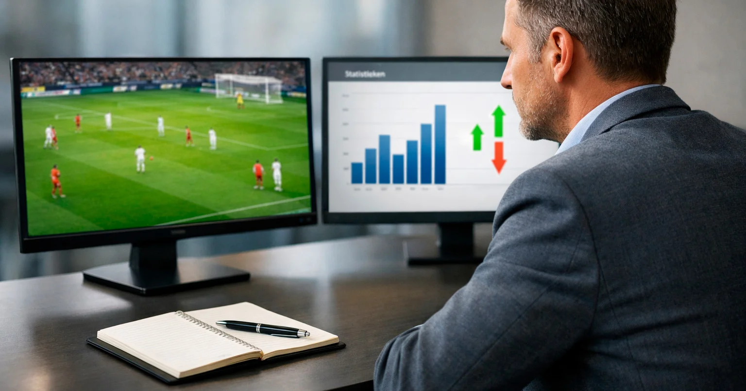 Analist bekijkt voetbalstatistieken op een groot scherm met grafieken