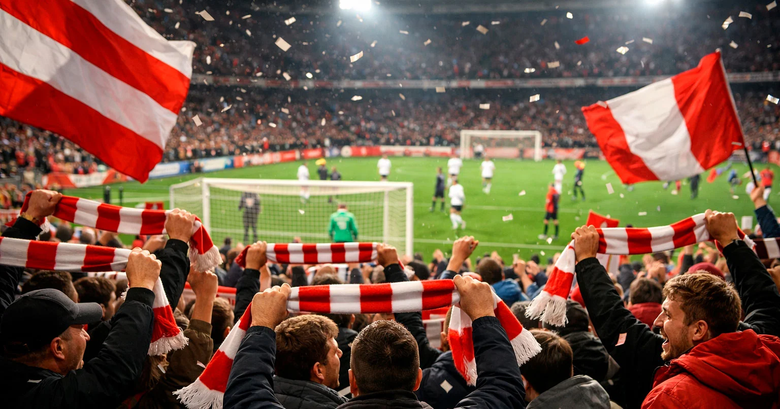 Voetbalfans in een vol stadion juichen hun team toe met sjaals en vlaggen