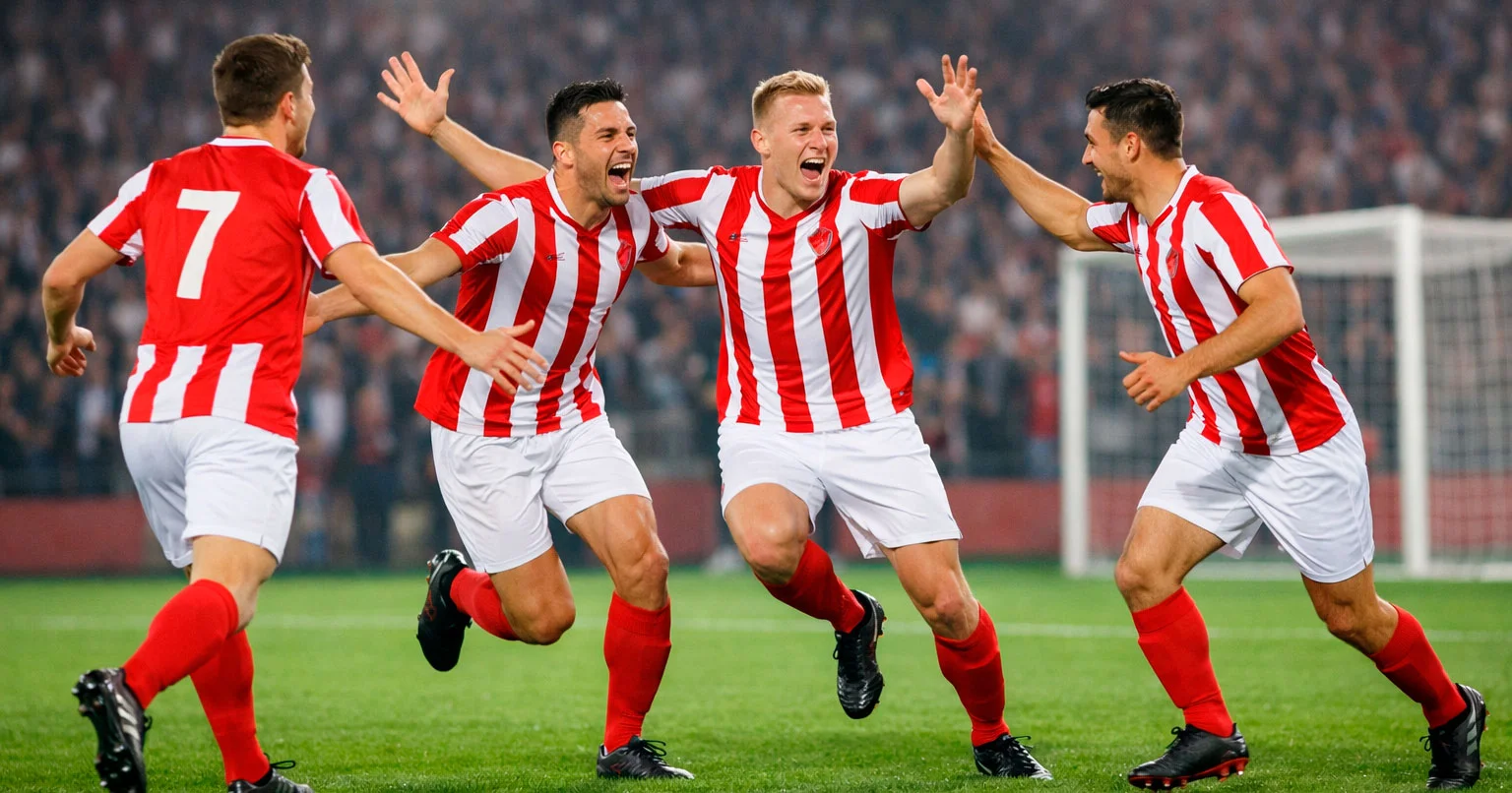 Voetballers in rood-wit tenue vieren een doelpunt op het veld