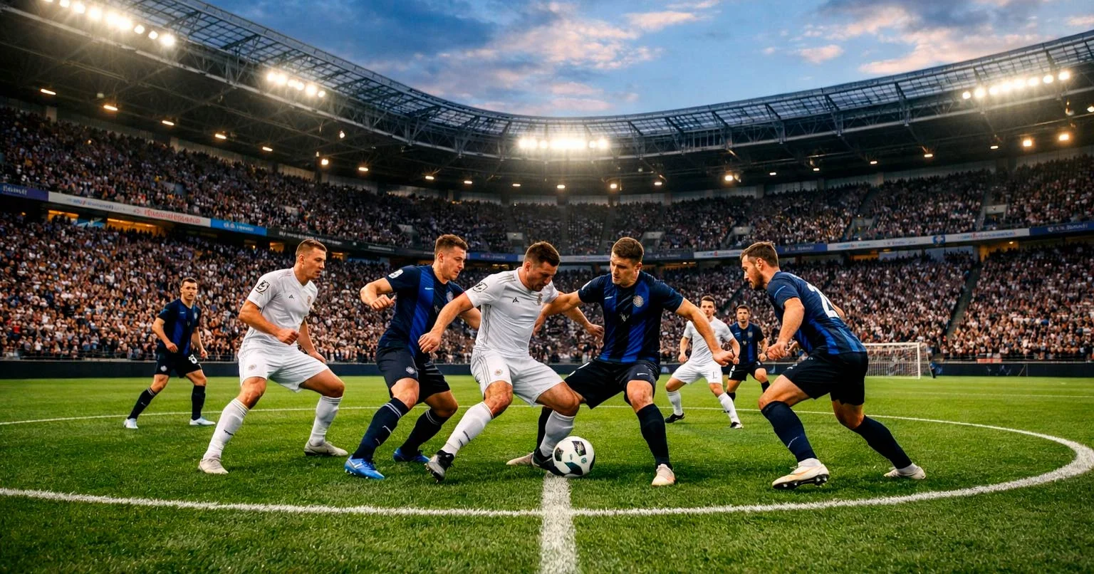 Voetbalwedstrijd in een Nederlands stadion met supporters op de tribunes
