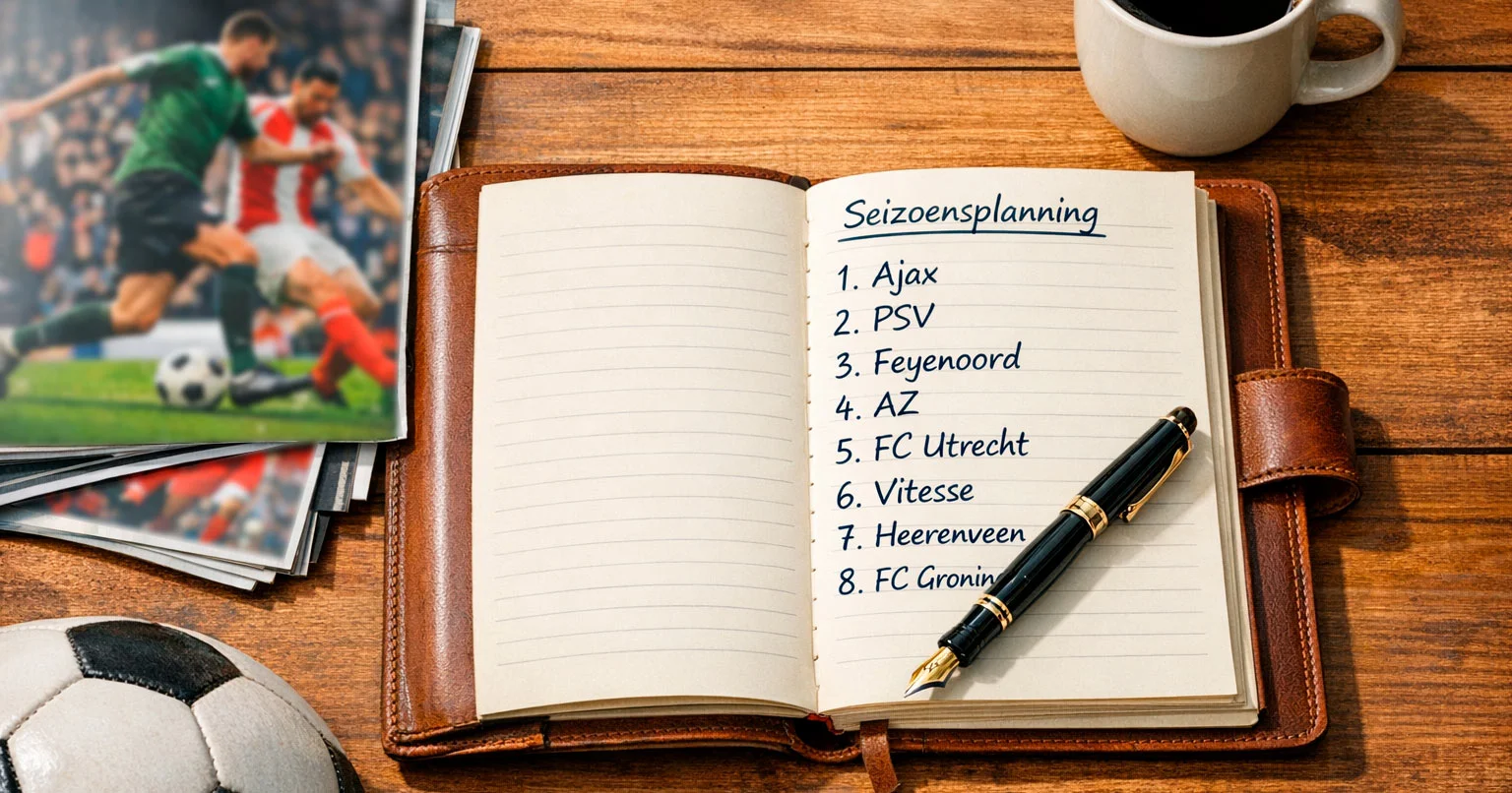 Voetbalseizoen planning met notitieblok en pen op een houten bureau