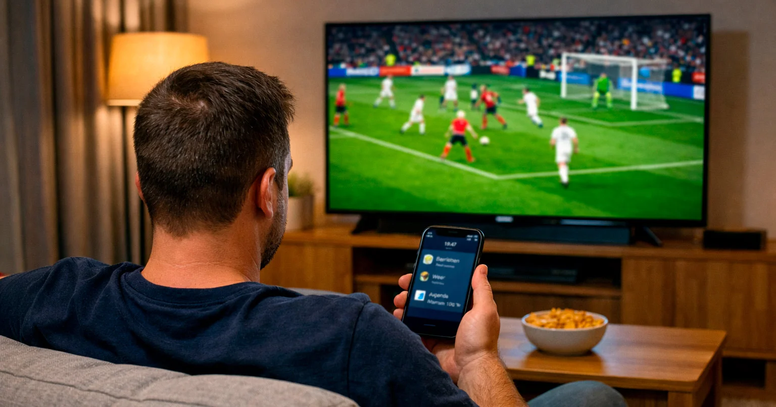 Voetbalfan bekijkt een wedstrijd op televisie met smartphone in de hand