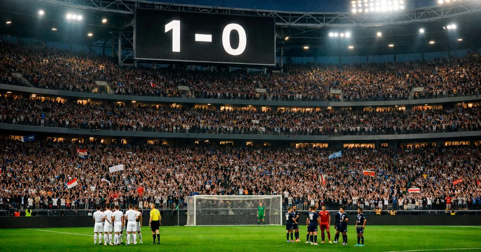 Druk voetbalstadion met scorebord en enthousiaste fans tijdens een belangrijke wedstrijd
