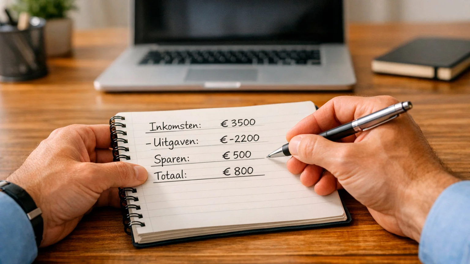 Man noteert inzetten en budget in notitieboek naast laptop