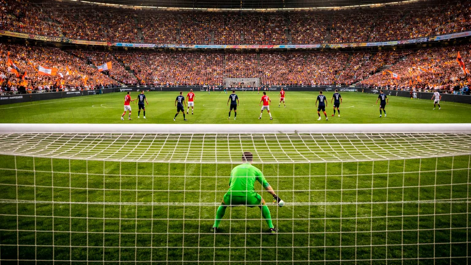 Drukbezocht Nederlands voetbalstadion met fel oranje supporters