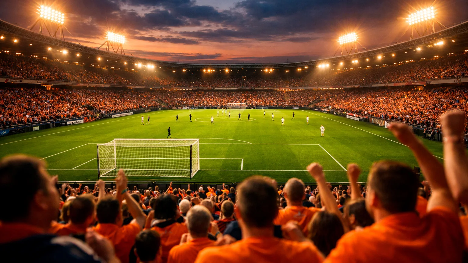 Voetbalstadion tijdens Eredivisie wedstrijd met enthousiaste supporters
