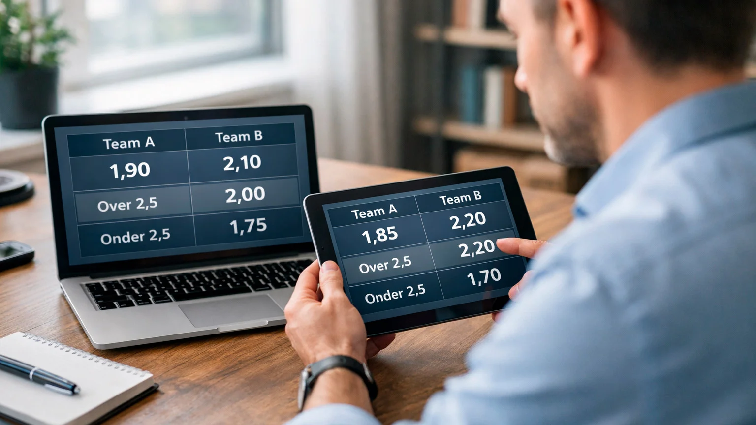 Persoon vergelijkt odds op meerdere schermen voor voetbalwedstrijd