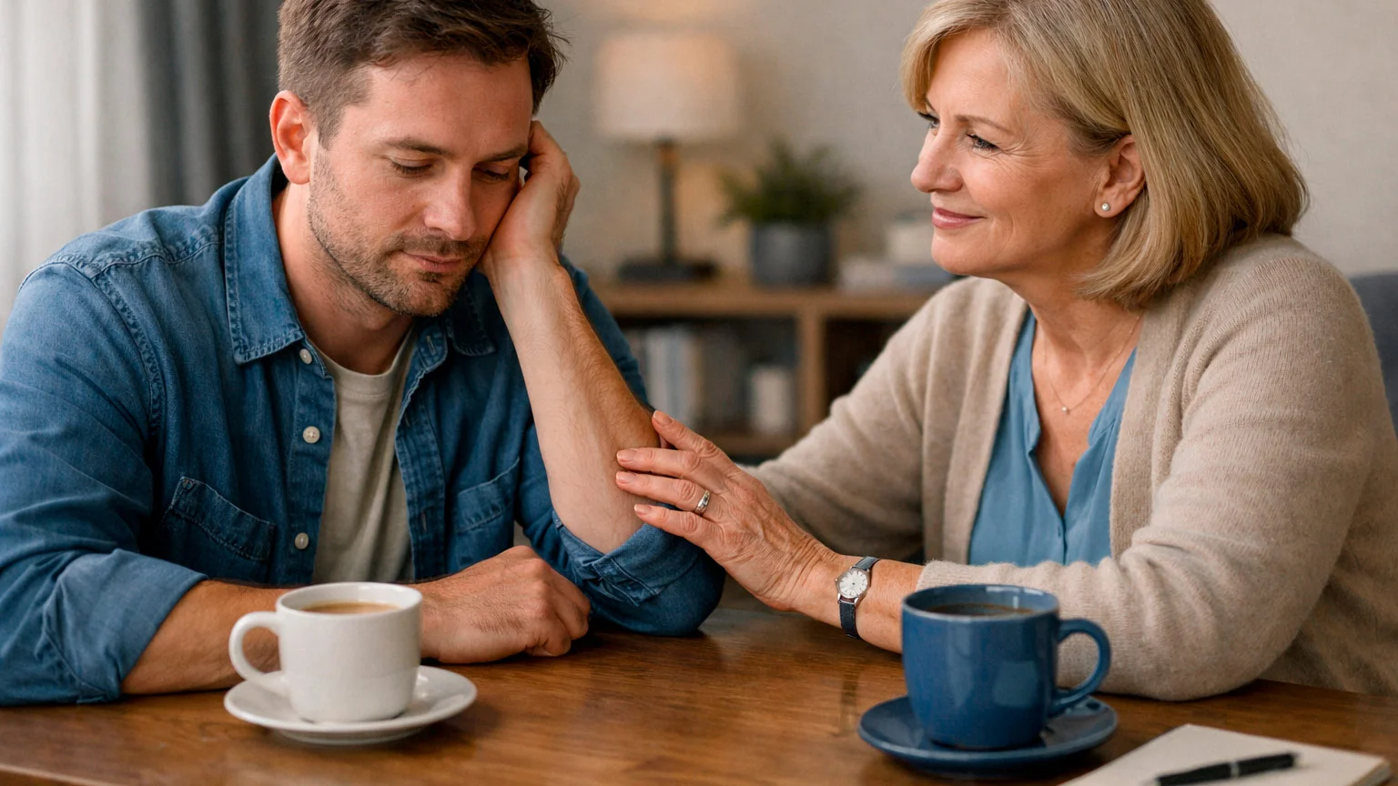 Twee mensen in gesprek aan tafel over ondersteuning bij gokproblemen