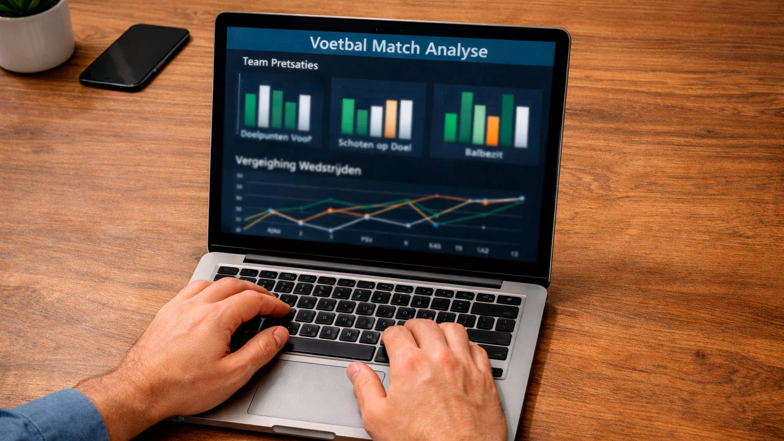 Laptop scherm met voetbalstatistieken en teamanalyse grafieken