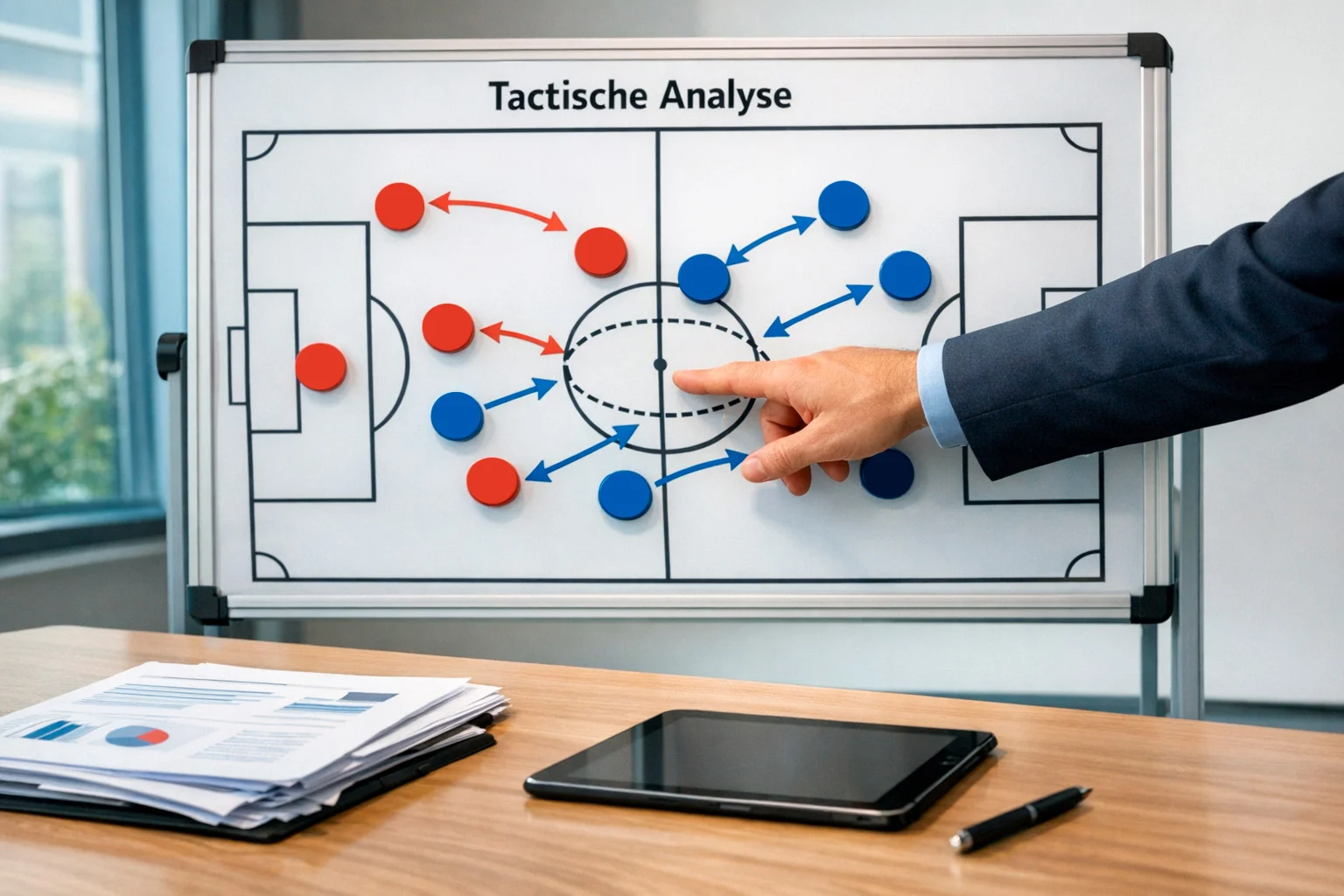 Tactisch bord met voetbalstrategie en clubemblemen