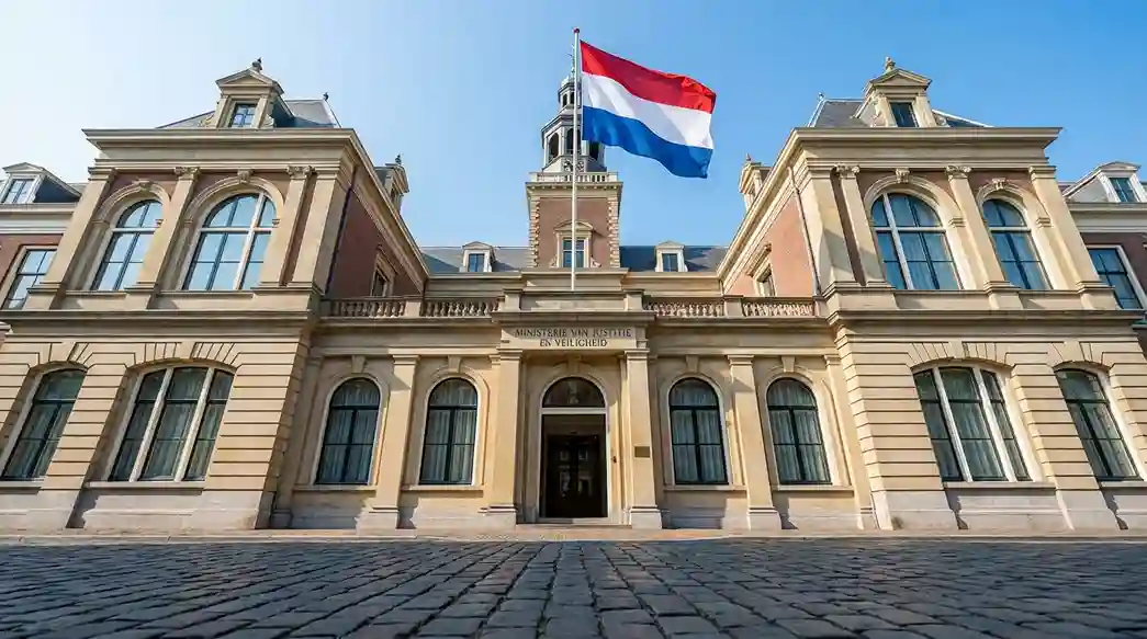 Officieel gebouw in Den Haag met Nederlandse vlag als symbool voor kansspelregulering