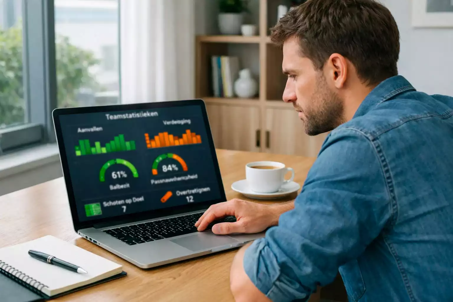 Voetbalanalist bekijkt statistieken op laptop